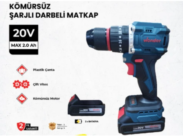 Wonder 20V Kömürsüz Darbeli Çift Akülü Matkap